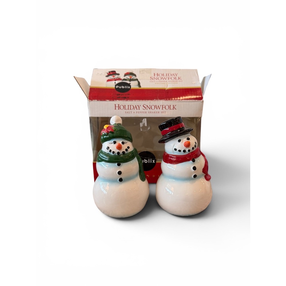 Publix Holiday Snowfolk Salt & Pepper Shaker Set Ceramic Snowman 2005 Christmas